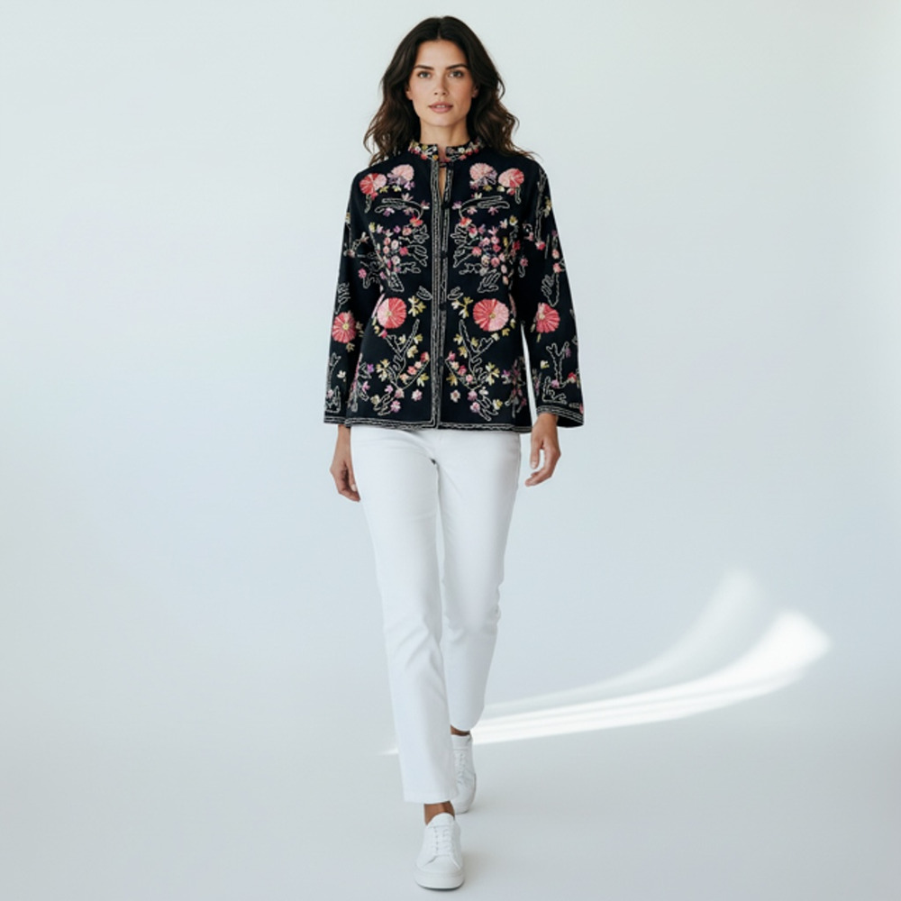 Take Two Clothing Co. Cotton Canvas Black Jacket Boho Floral Embroidery Size M